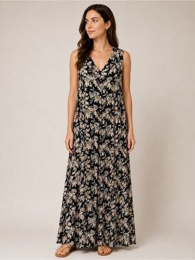 Vintage April Cornell Floral V-Neck Sleeveless Maxi Dress Black/Pink Medium